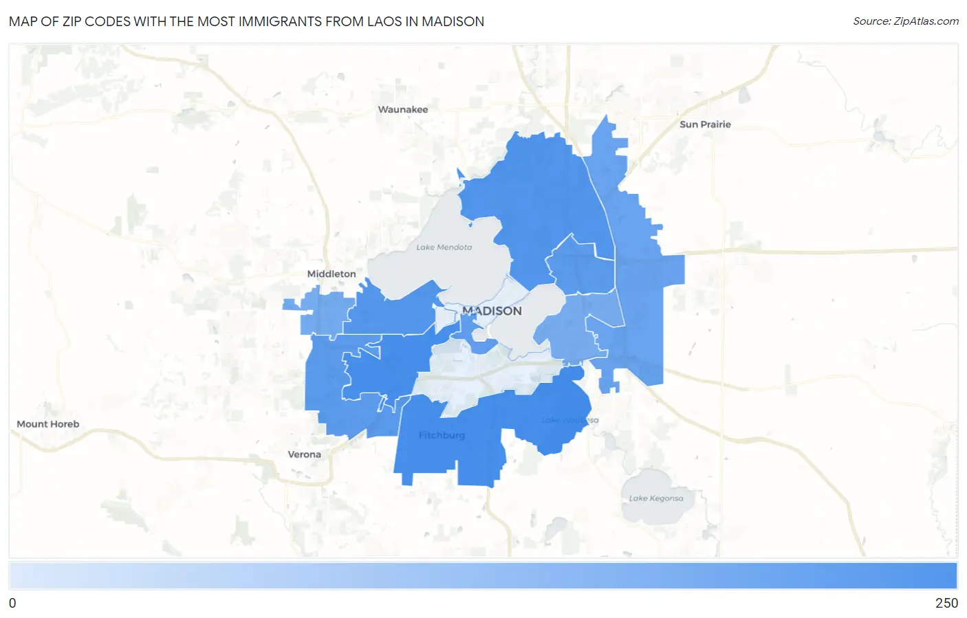 Zip Codes with the Most Immigrants from Laos in Madison Map
