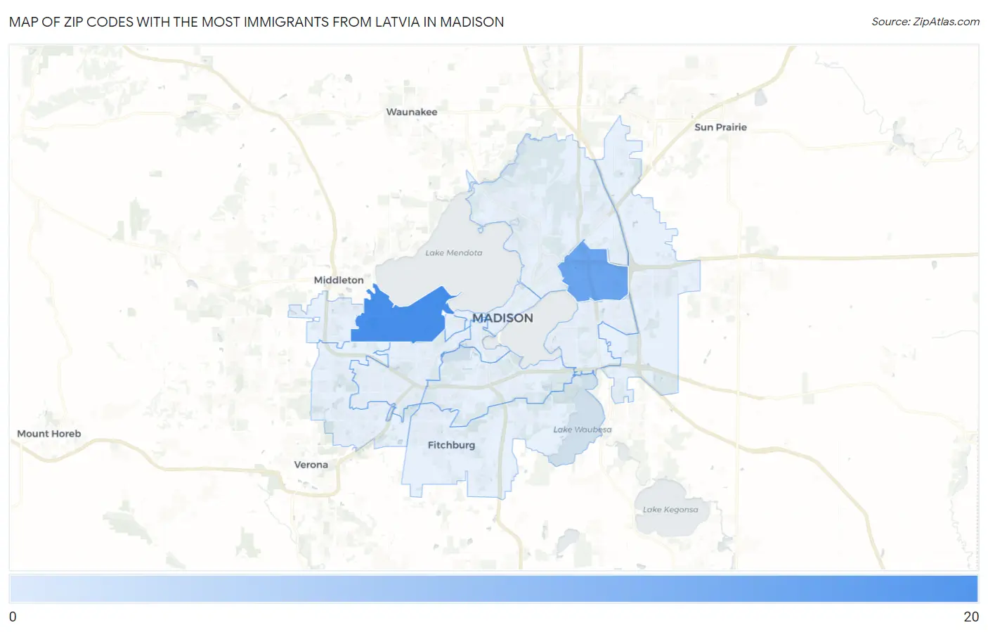 Zip Codes with the Most Immigrants from Latvia in Madison Map