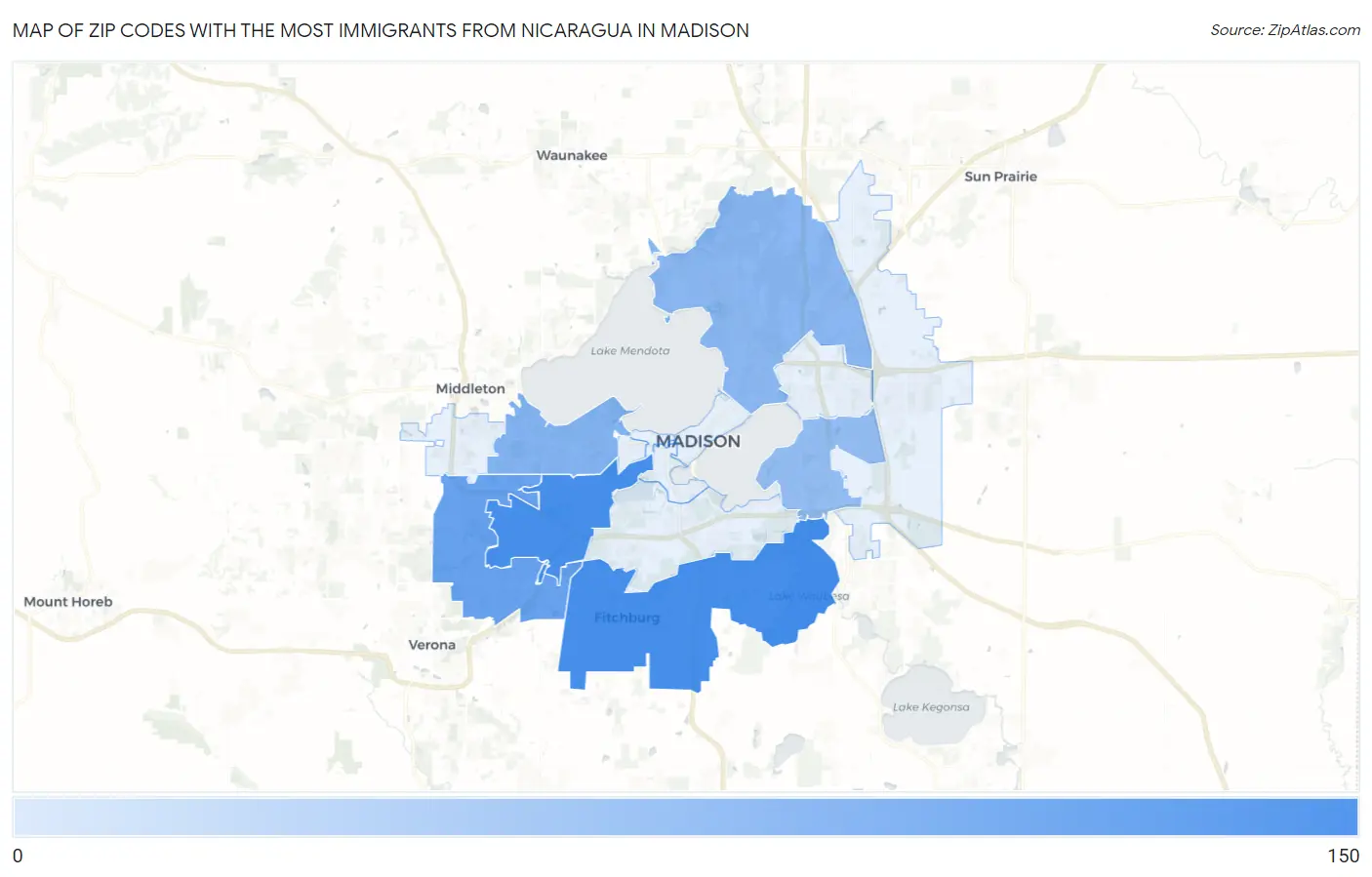 Zip Codes with the Most Immigrants from Nicaragua in Madison Map