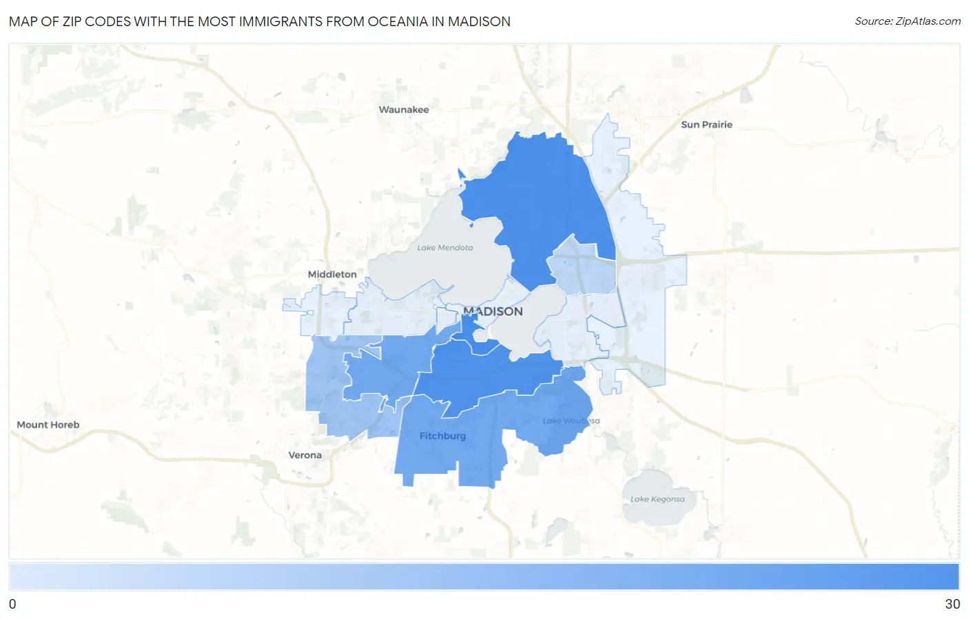 Zip Codes with the Most Immigrants from Oceania in Madison Map