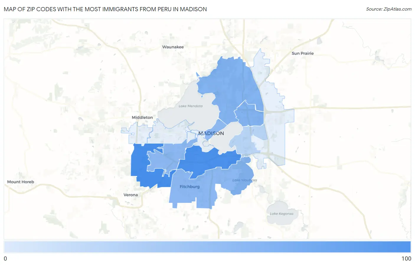 Zip Codes with the Most Immigrants from Peru in Madison Map