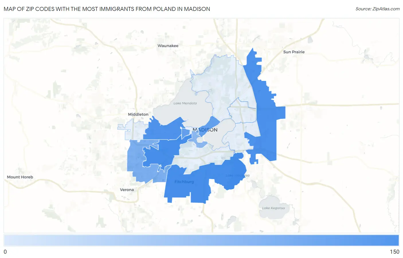 Zip Codes with the Most Immigrants from Poland in Madison Map