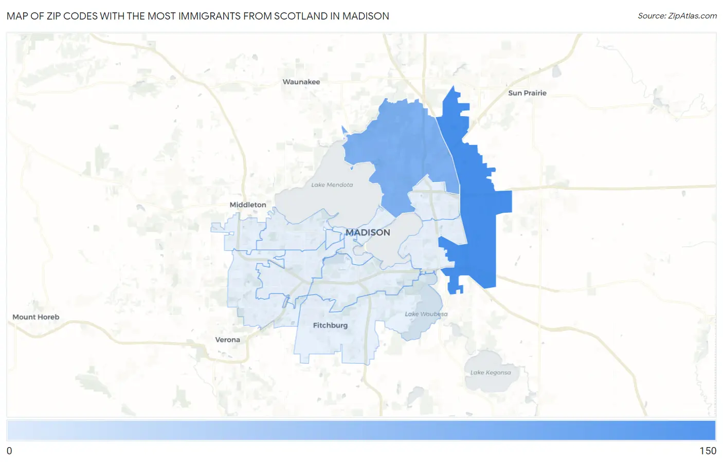 Zip Codes with the Most Immigrants from Scotland in Madison Map