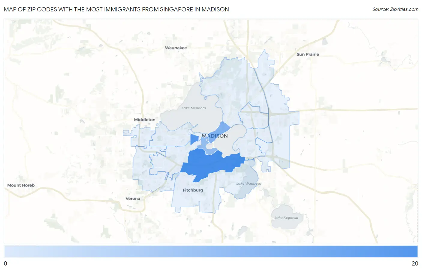 Zip Codes with the Most Immigrants from Singapore in Madison Map