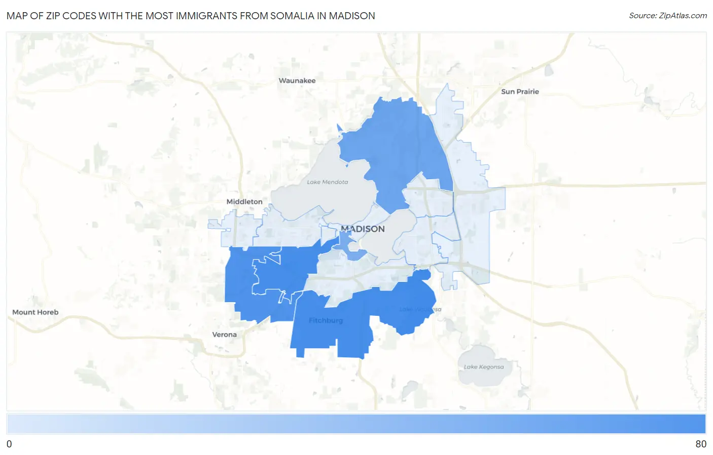 Zip Codes with the Most Immigrants from Somalia in Madison Map