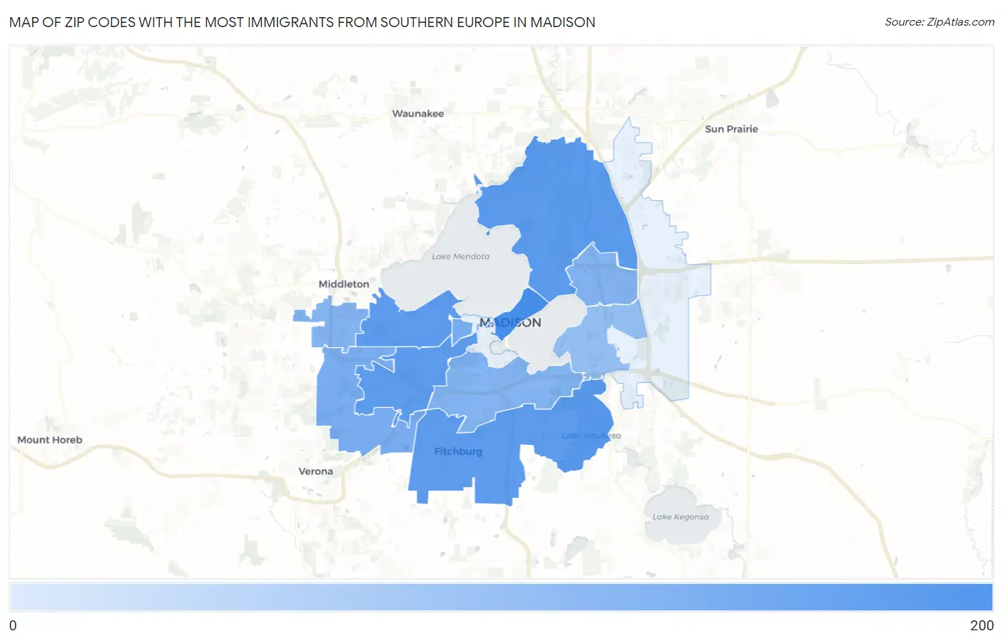 Zip Codes with the Most Immigrants from Southern Europe in Madison Map