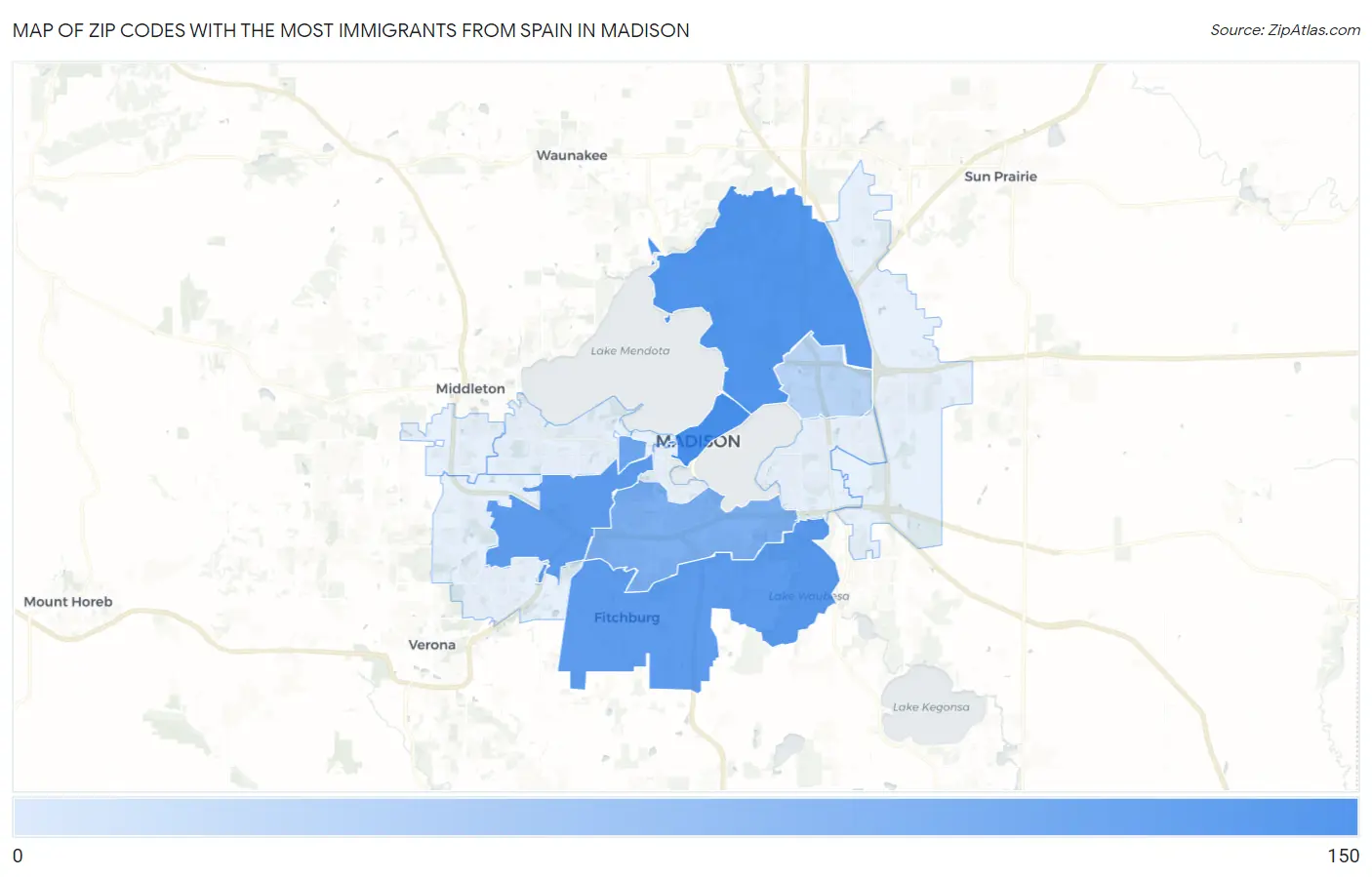 Zip Codes with the Most Immigrants from Spain in Madison Map