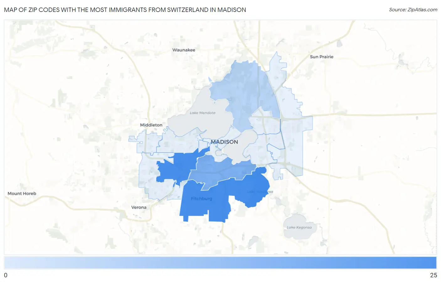 Zip Codes with the Most Immigrants from Switzerland in Madison Map