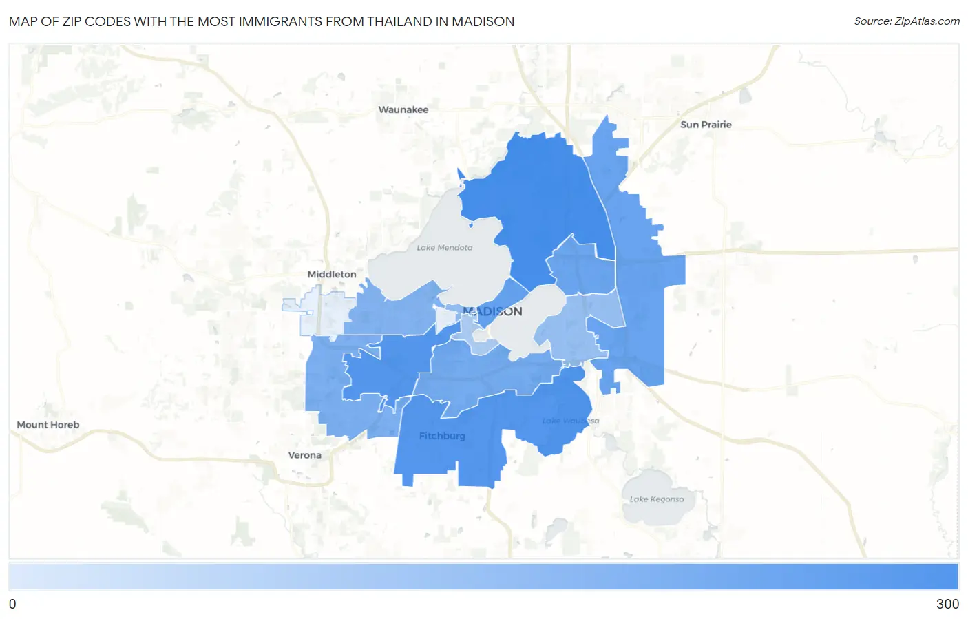 Zip Codes with the Most Immigrants from Thailand in Madison Map