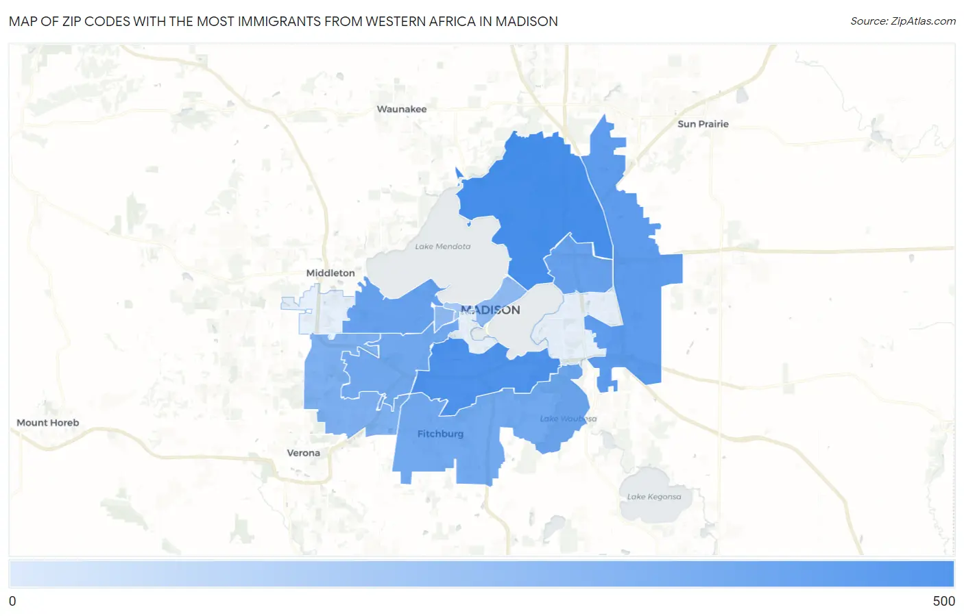 Zip Codes with the Most Immigrants from Western Africa in Madison Map