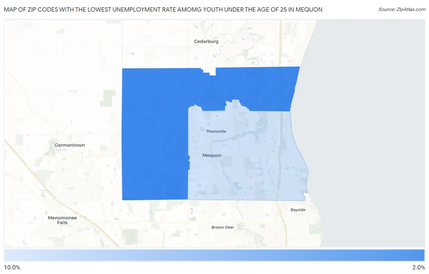 Zip Codes with the Lowest Unemployment Rate Amomg Youth Under the Age of 25 in Mequon Map