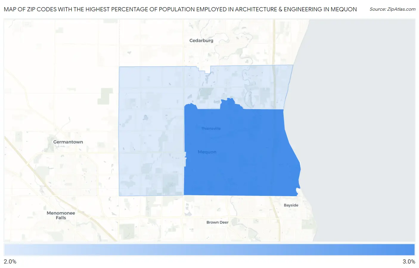 Zip Codes with the Highest Percentage of Population Employed in Architecture & Engineering in Mequon Map