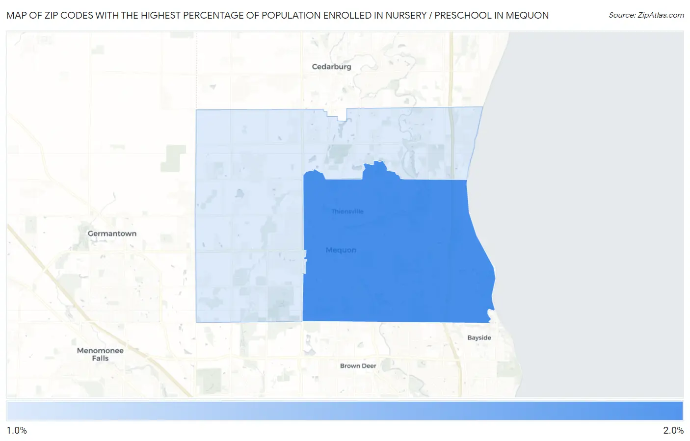 Zip Codes with the Highest Percentage of Population Enrolled in Nursery / Preschool in Mequon Map