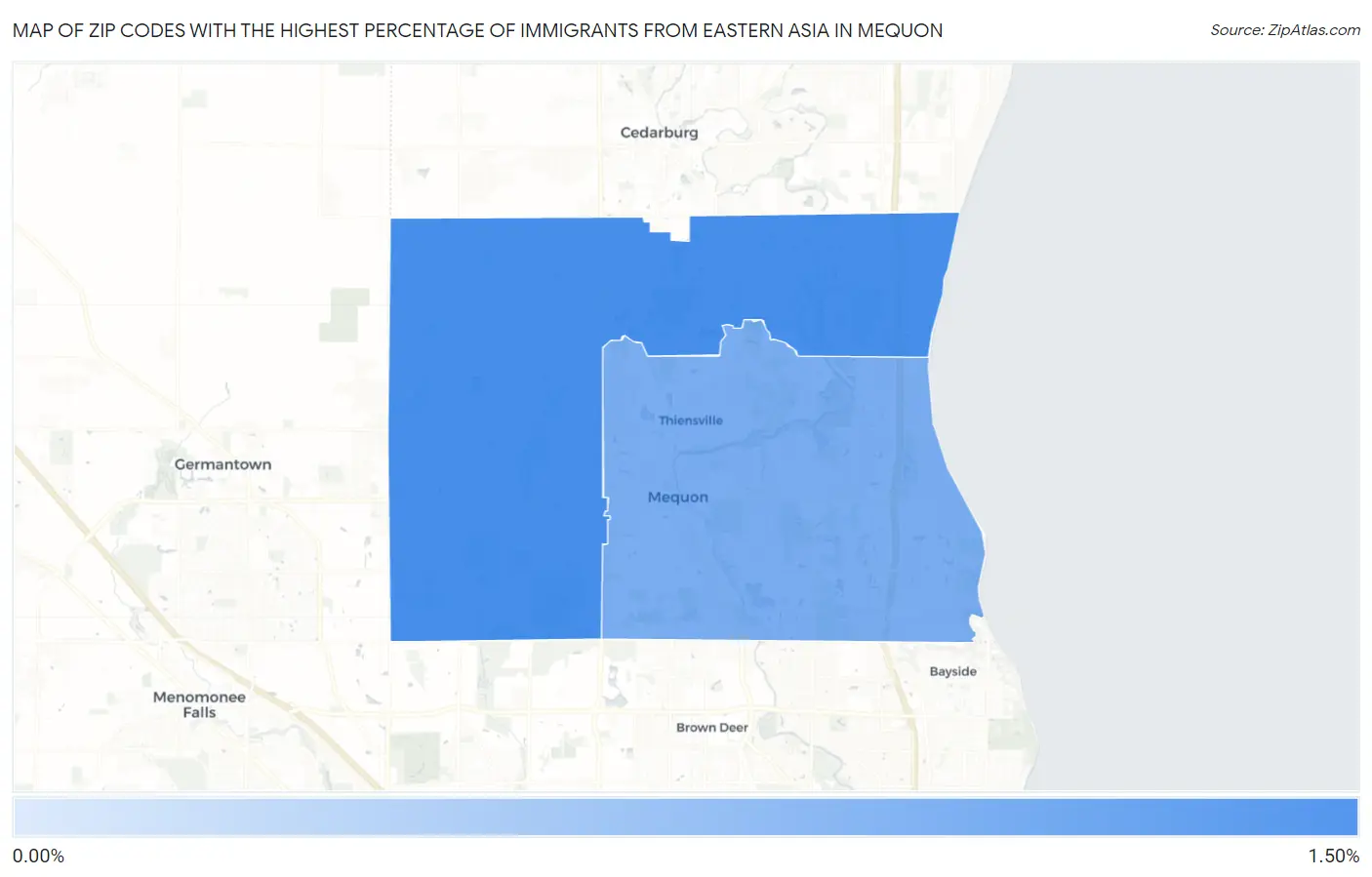 Zip Codes with the Highest Percentage of Immigrants from Eastern Asia in Mequon Map