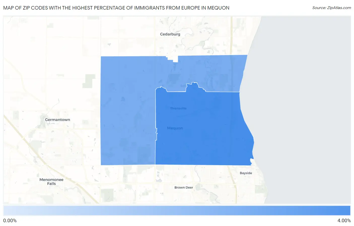 Zip Codes with the Highest Percentage of Immigrants from Europe in Mequon Map