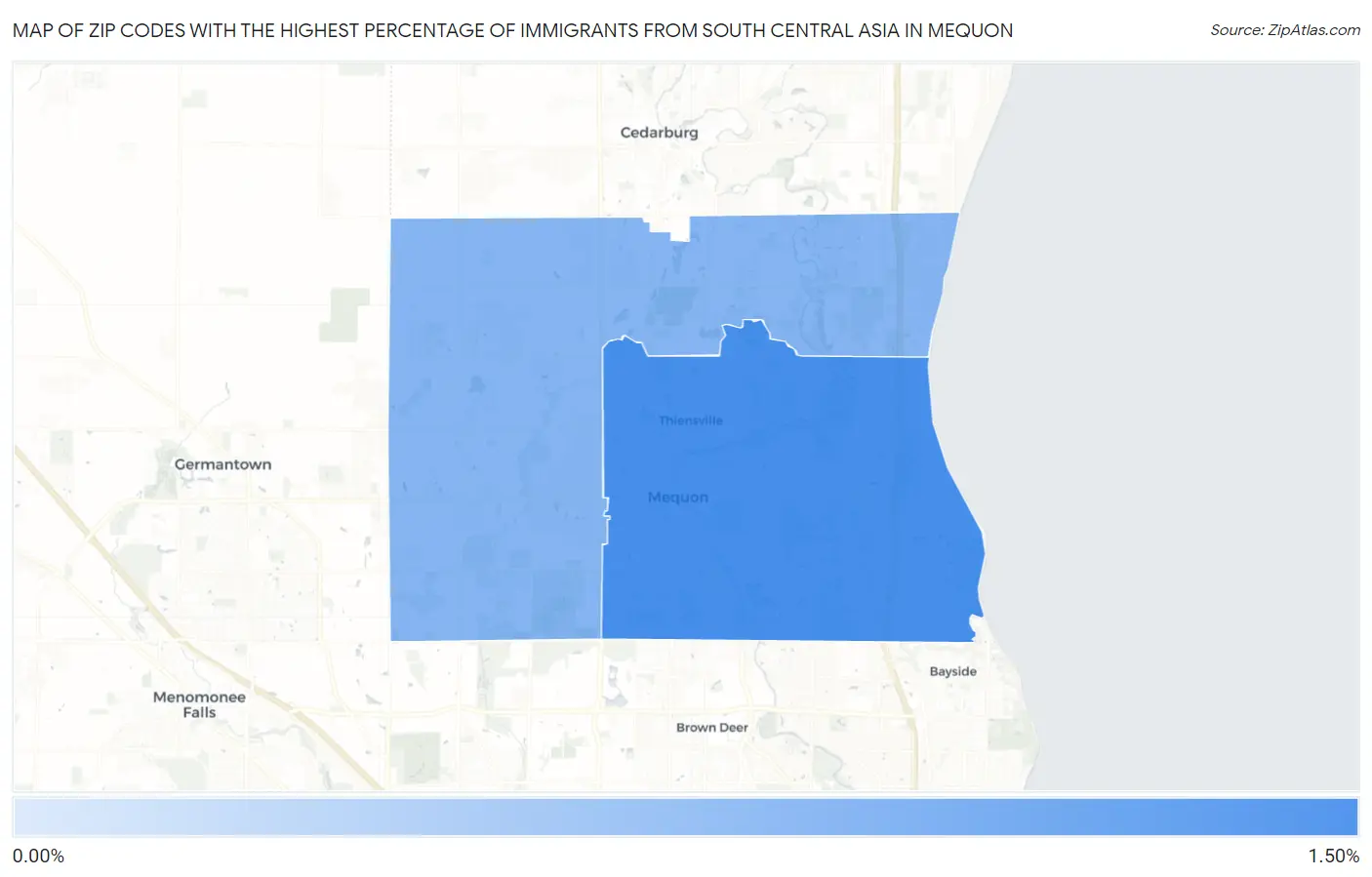 Zip Codes with the Highest Percentage of Immigrants from South Central Asia in Mequon Map