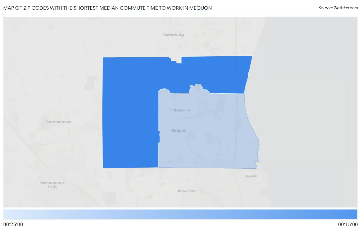 Zip Codes with the Shortest Median Commute Time to Work in Mequon Map