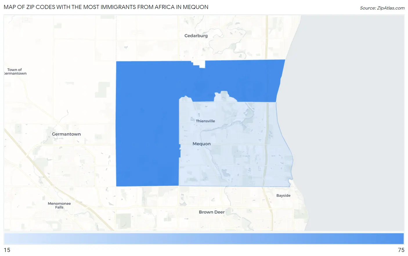 Zip Codes with the Most Immigrants from Africa in Mequon Map