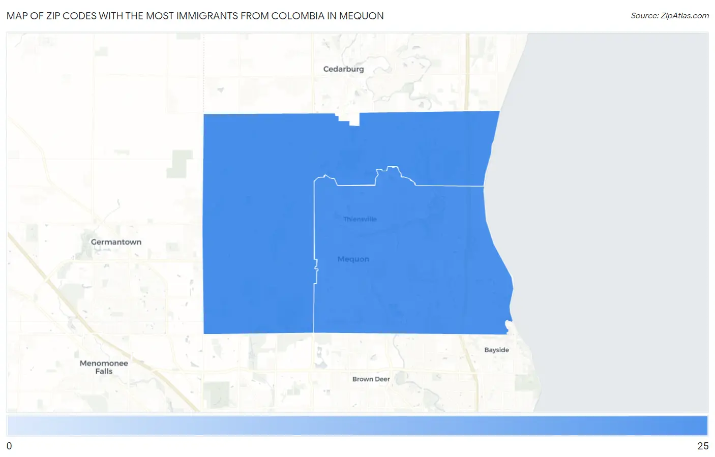 Zip Codes with the Most Immigrants from Colombia in Mequon Map
