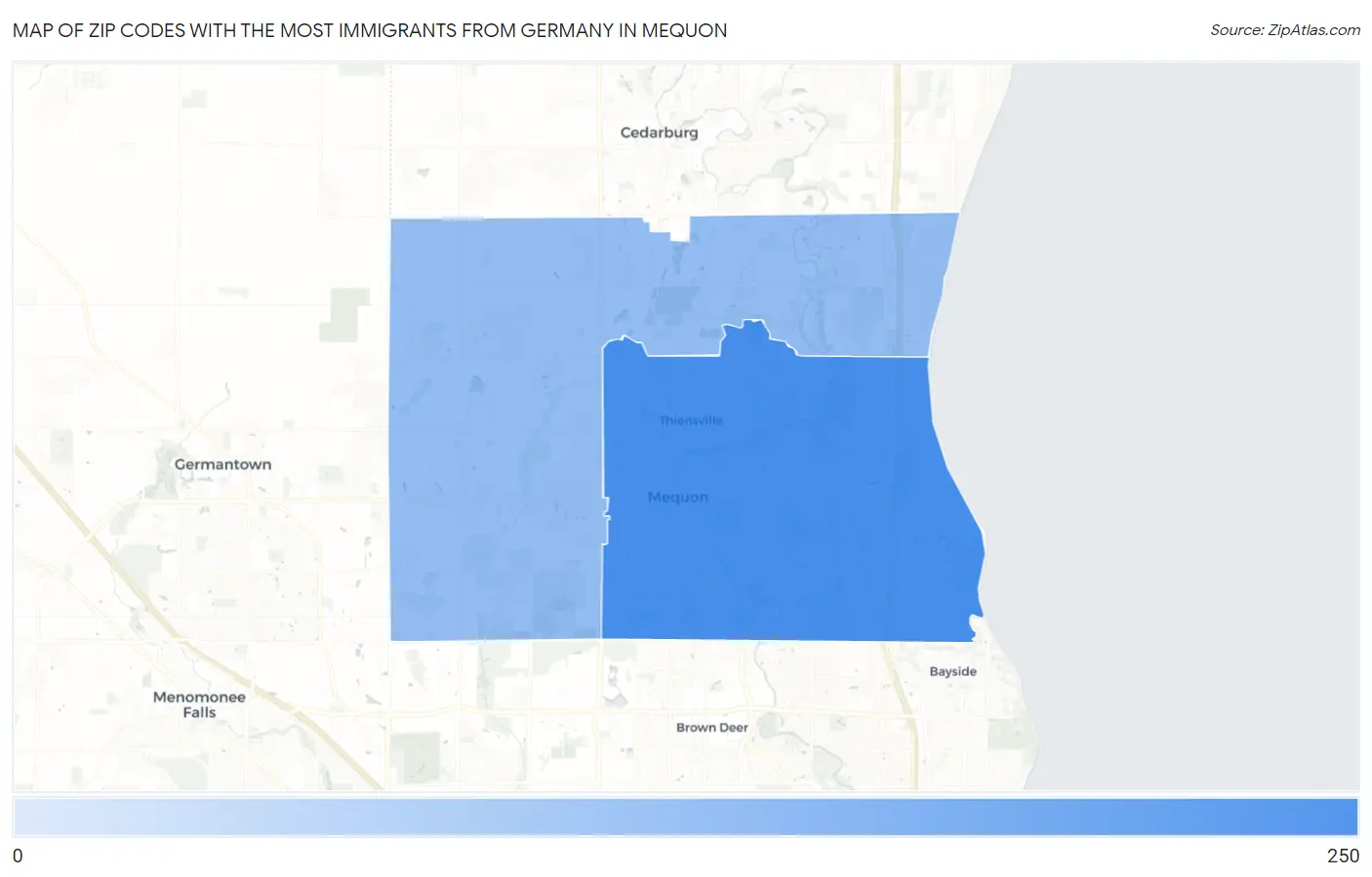 Zip Codes with the Most Immigrants from Germany in Mequon Map