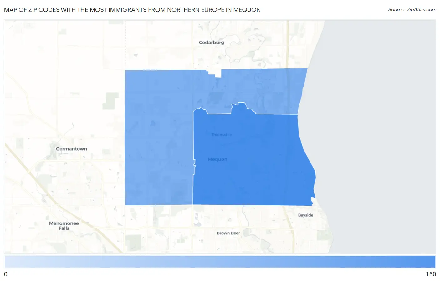 Zip Codes with the Most Immigrants from Northern Europe in Mequon Map