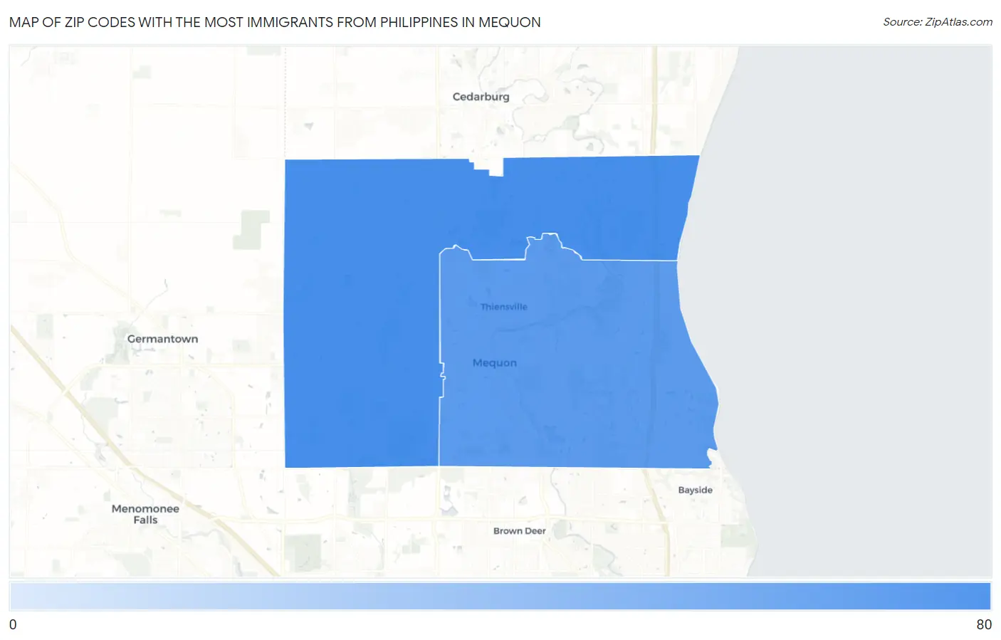 Zip Codes with the Most Immigrants from Philippines in Mequon Map