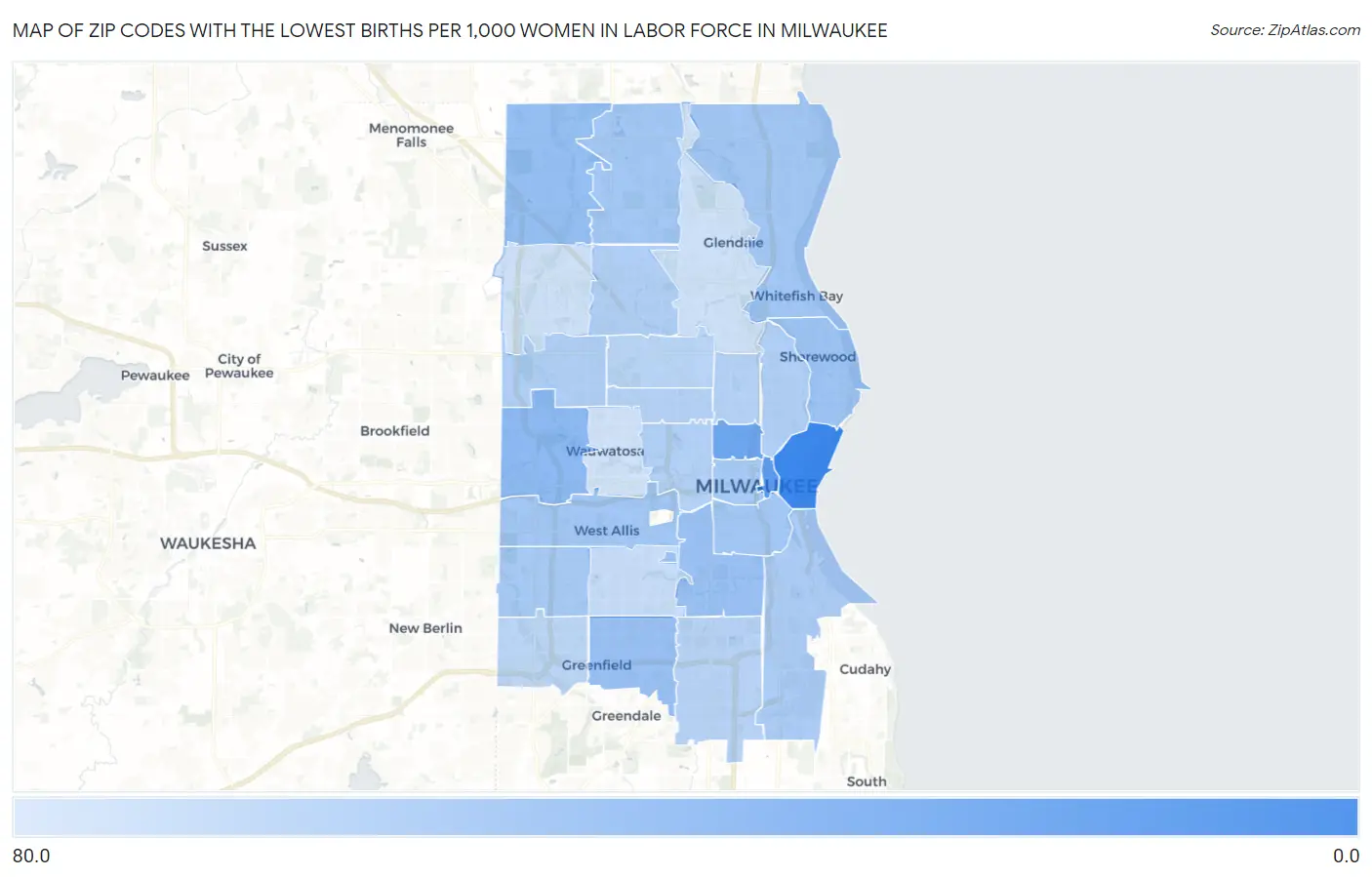 Zip Codes with the Lowest Births per 1,000 Women in Labor Force in Milwaukee Map