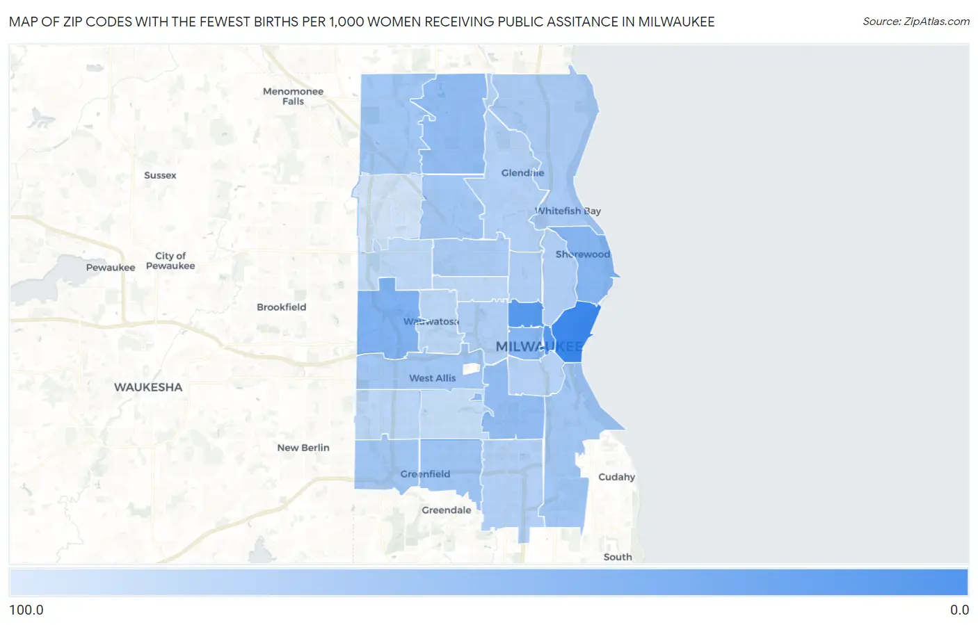 Zip Codes with the Fewest Births per 1,000 Women Receiving Public Assitance in Milwaukee Map