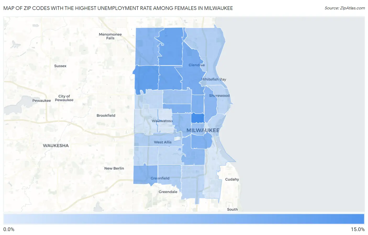 Zip Codes with the Highest Unemployment Rate Among Females in Milwaukee Map