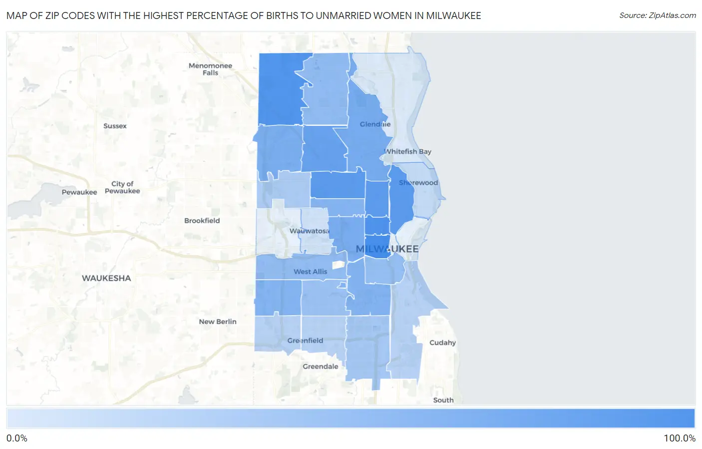 Zip Codes with the Highest Percentage of Births to Unmarried Women in Milwaukee Map
