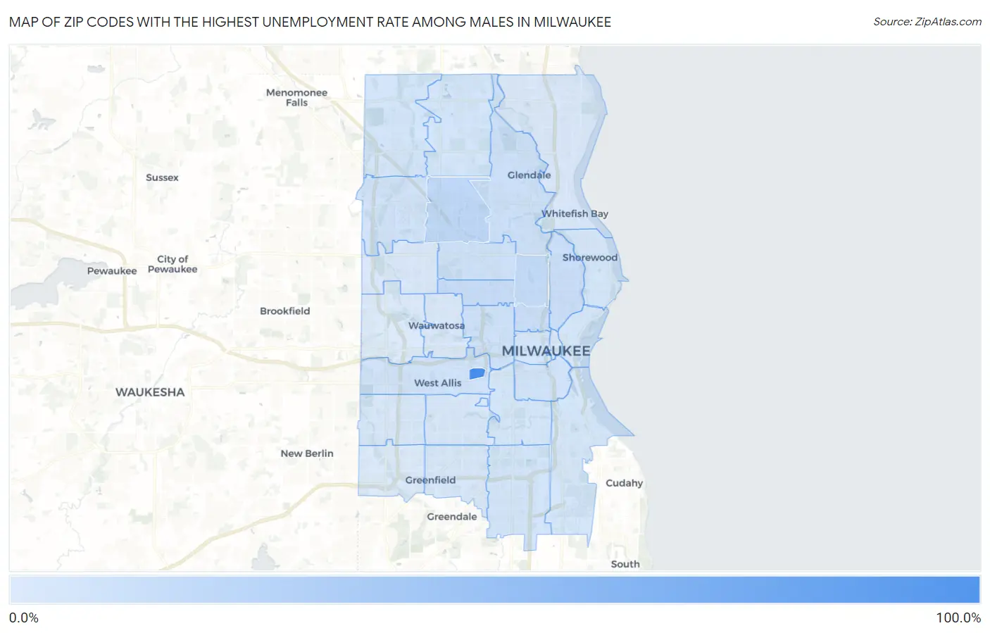 Zip Codes with the Highest Unemployment Rate Among Males in Milwaukee Map