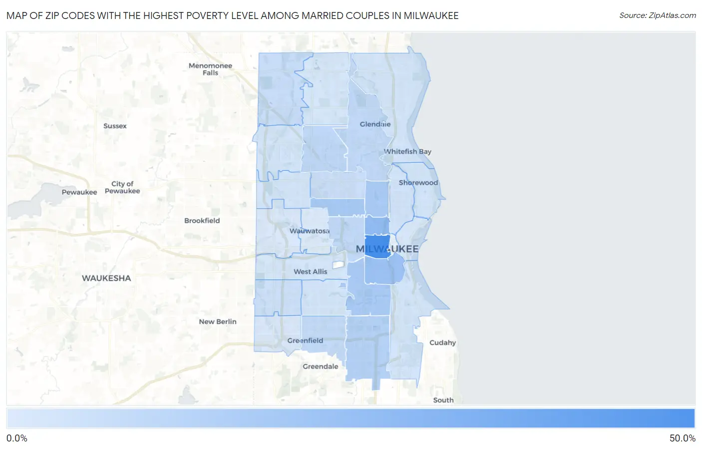 Zip Codes with the Highest Poverty Level Among Married Couples in Milwaukee Map