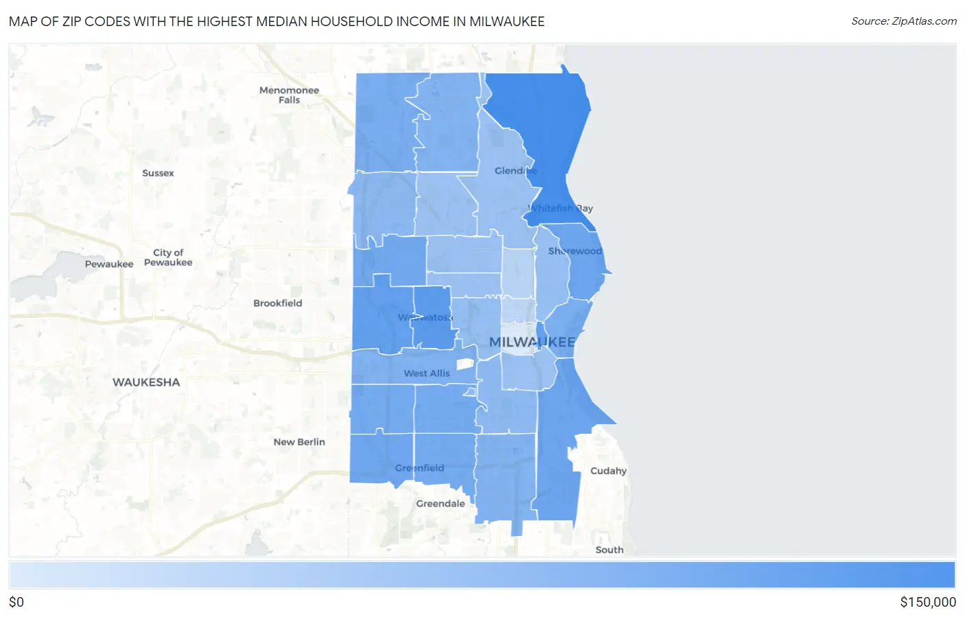 Zip Codes with the Highest Median Household Income in Milwaukee Map