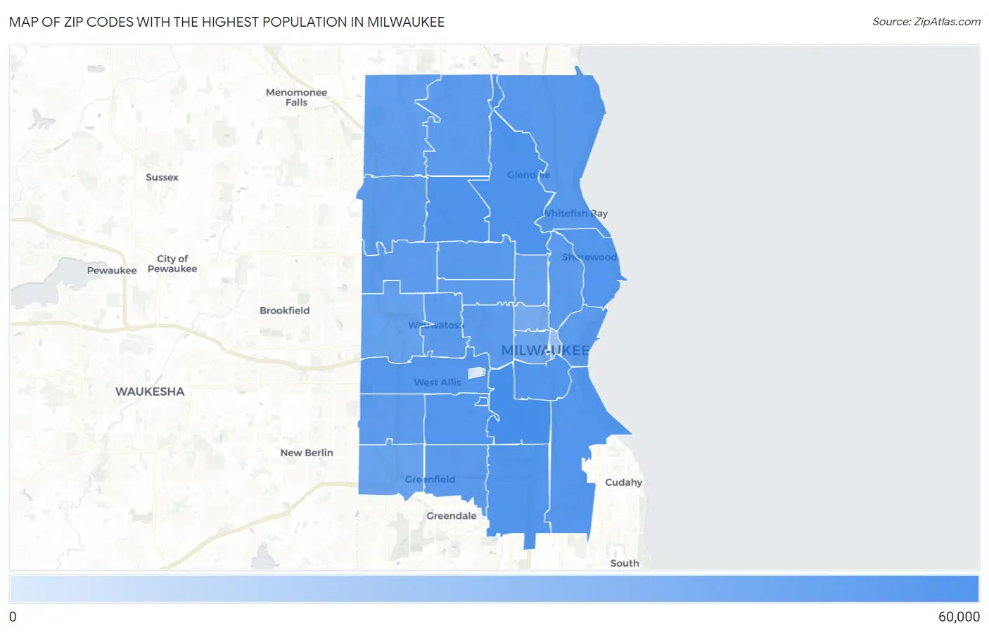 Zip Codes with the Highest Population in Milwaukee Map