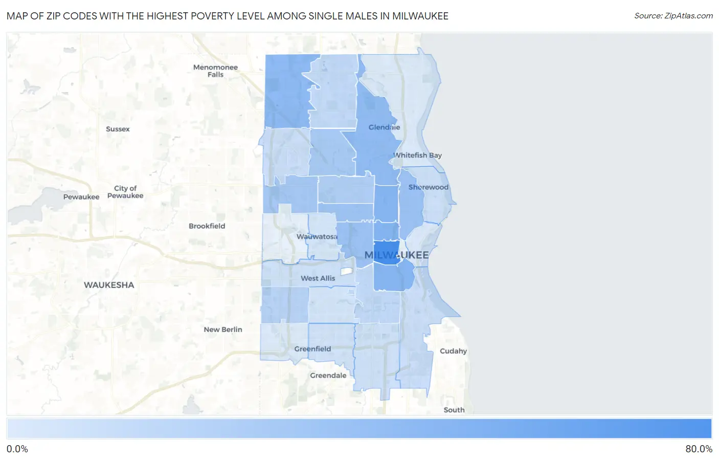 Zip Codes with the Highest Poverty Level Among Single Males in Milwaukee Map
