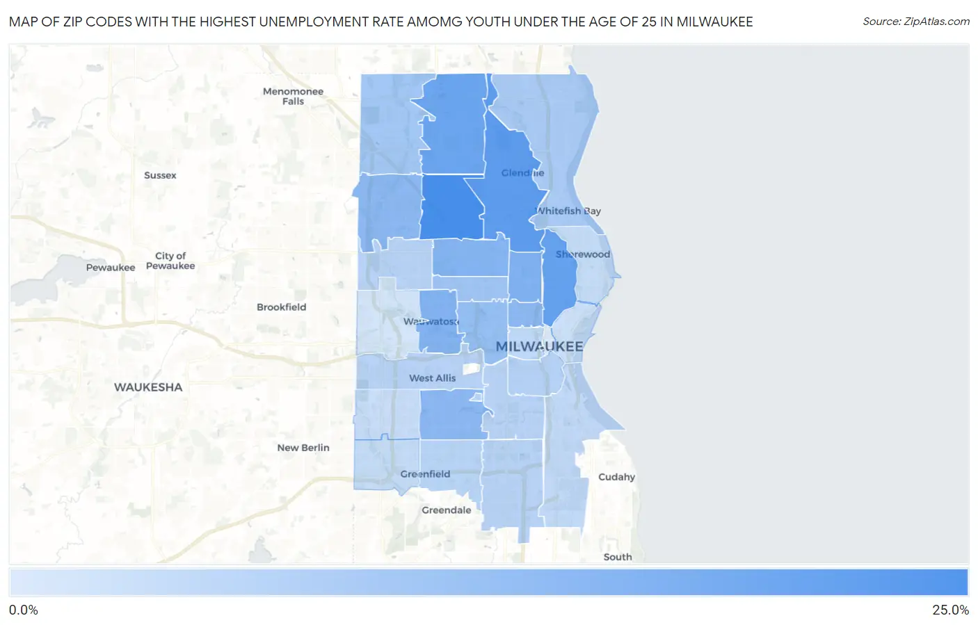 Zip Codes with the Highest Unemployment Rate Amomg Youth Under the Age of 25 in Milwaukee Map