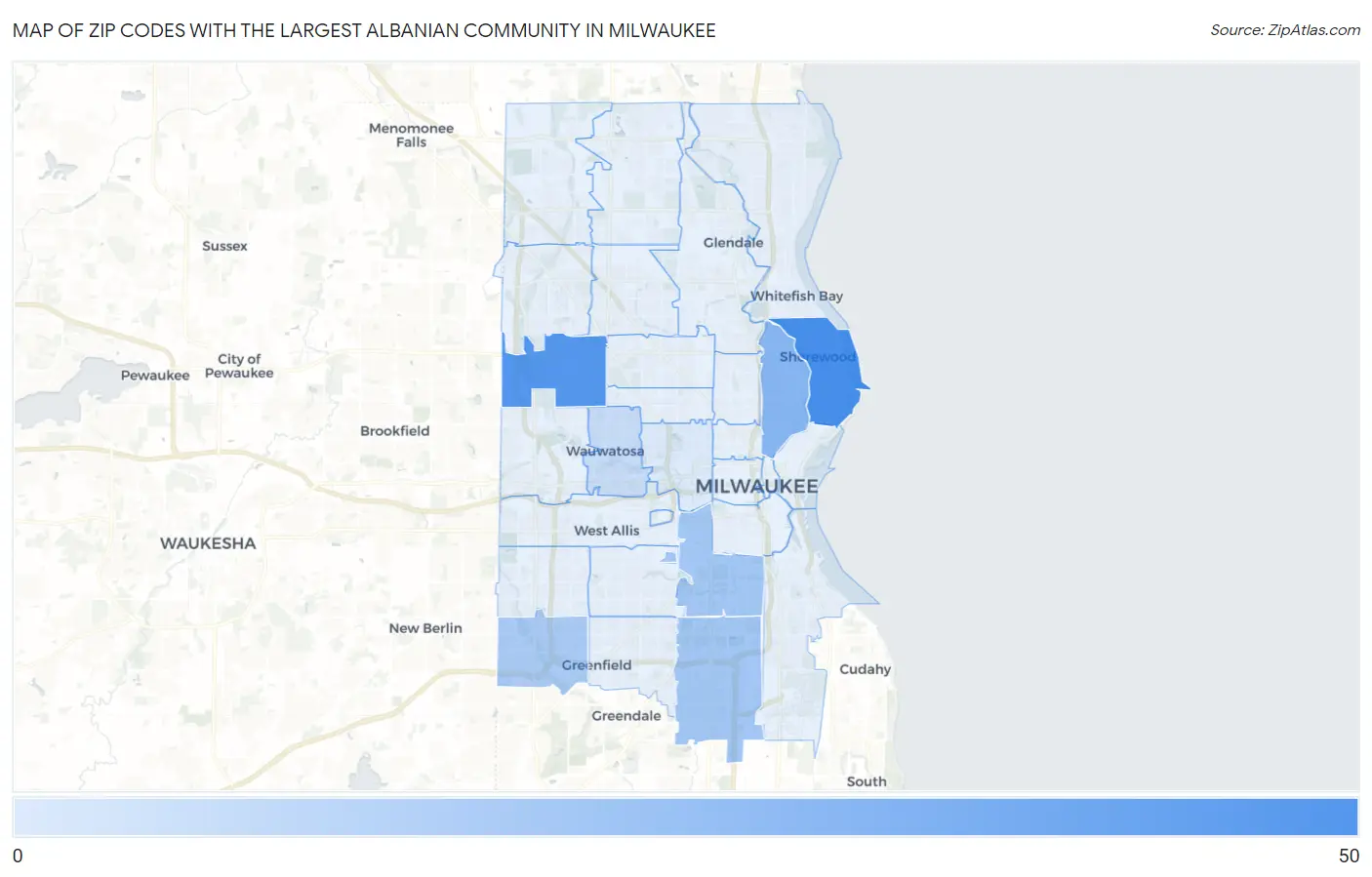 Zip Codes with the Largest Albanian Community in Milwaukee Map