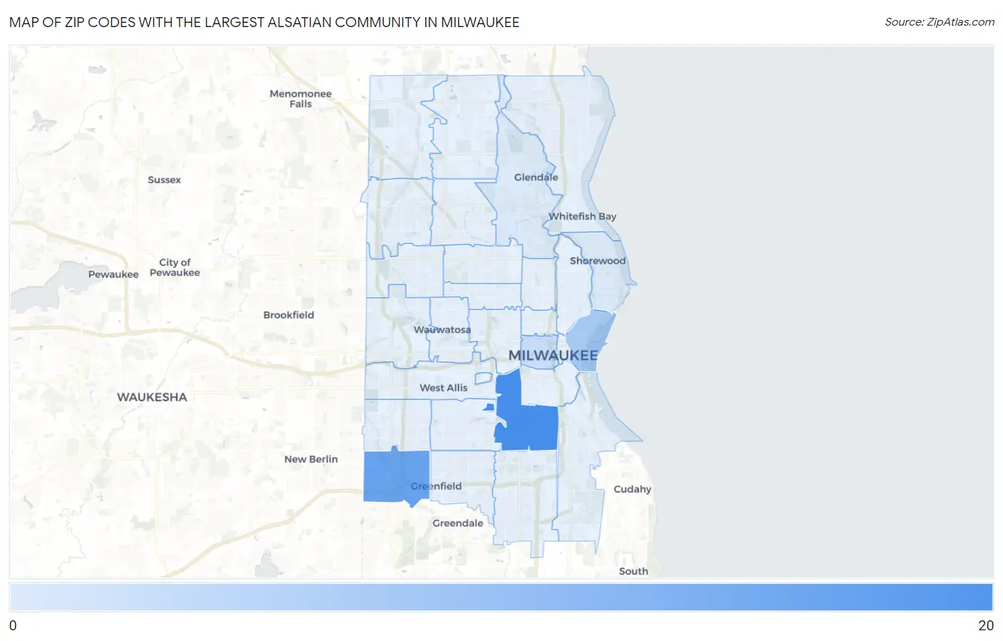 Zip Codes with the Largest Alsatian Community in Milwaukee Map