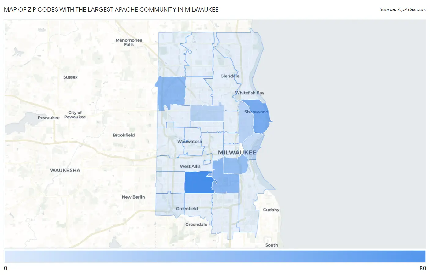 Zip Codes with the Largest Apache Community in Milwaukee Map