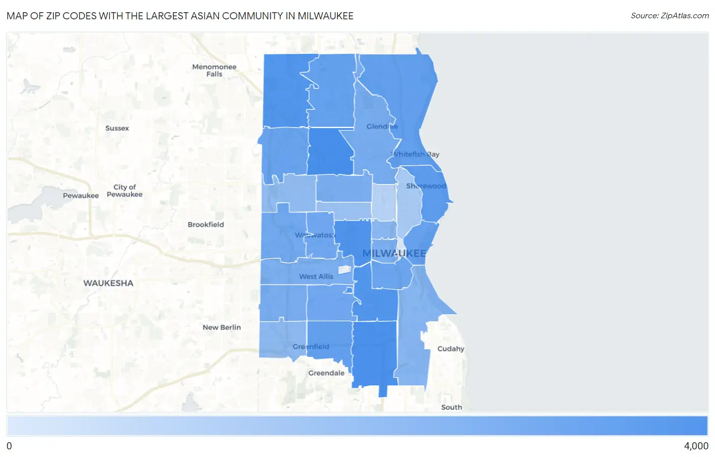 Zip Codes with the Largest Asian Community in Milwaukee Map