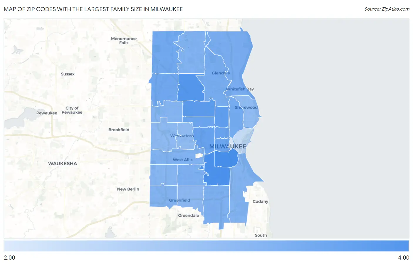 Zip Codes with the Largest Family Size in Milwaukee Map