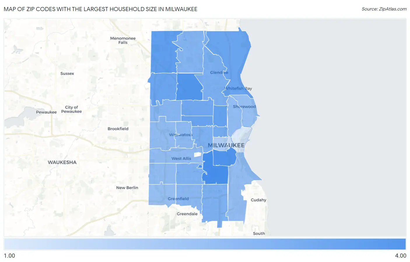 Zip Codes with the Largest Household Size in Milwaukee Map