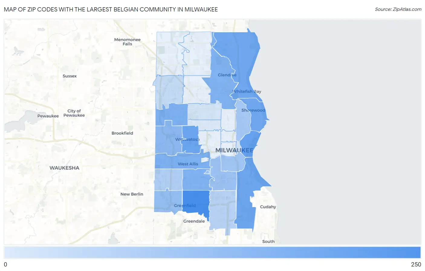 Zip Codes with the Largest Belgian Community in Milwaukee Map
