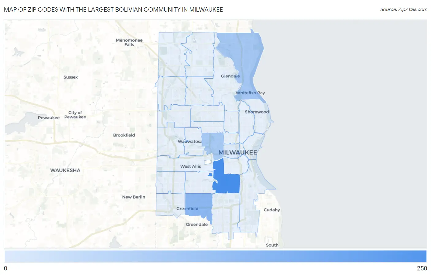 Zip Codes with the Largest Bolivian Community in Milwaukee Map