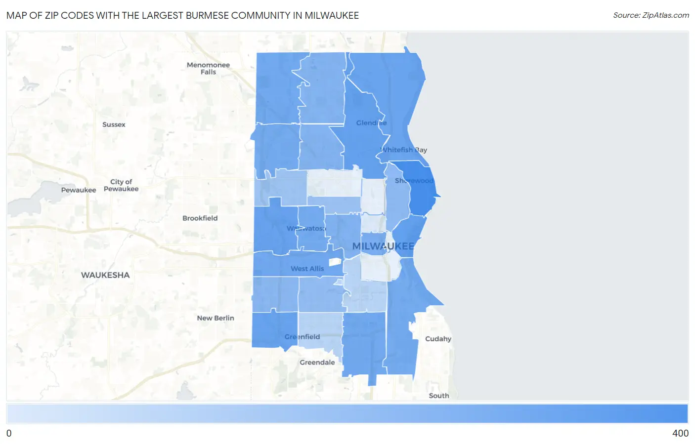 Zip Codes with the Largest Burmese Community in Milwaukee Map