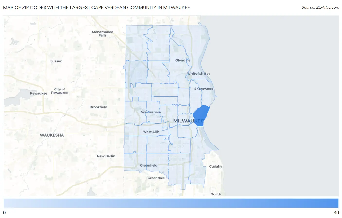 Zip Codes with the Largest Cape Verdean Community in Milwaukee Map