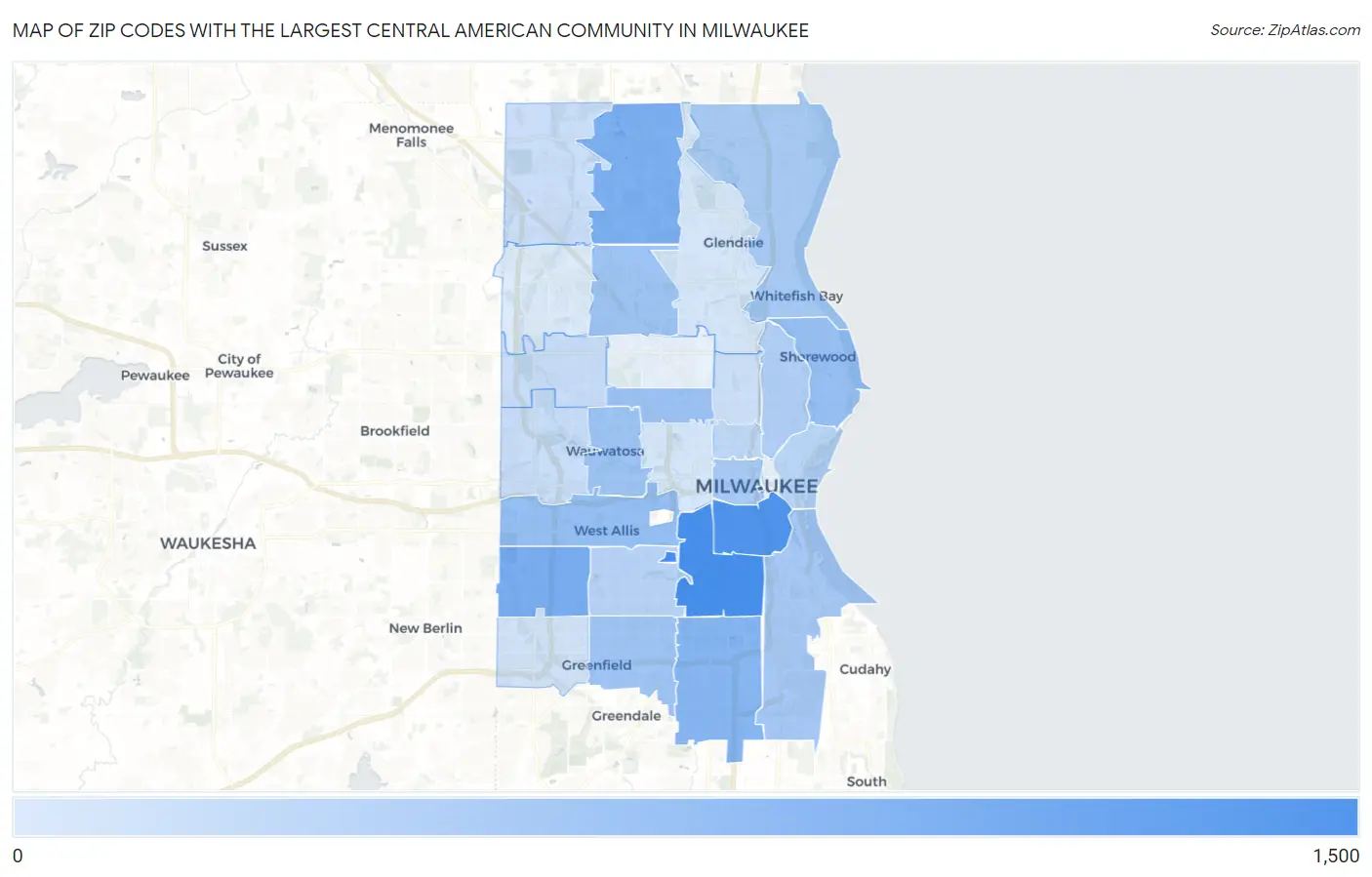 Zip Codes with the Largest Central American Community in Milwaukee Map