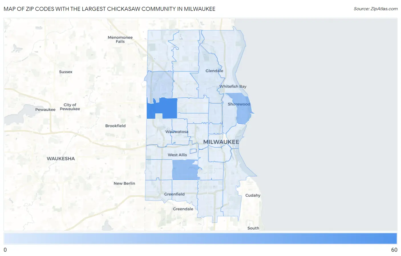Zip Codes with the Largest Chickasaw Community in Milwaukee Map