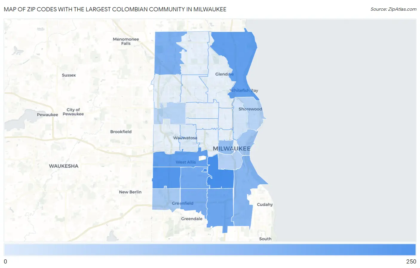 Zip Codes with the Largest Colombian Community in Milwaukee Map