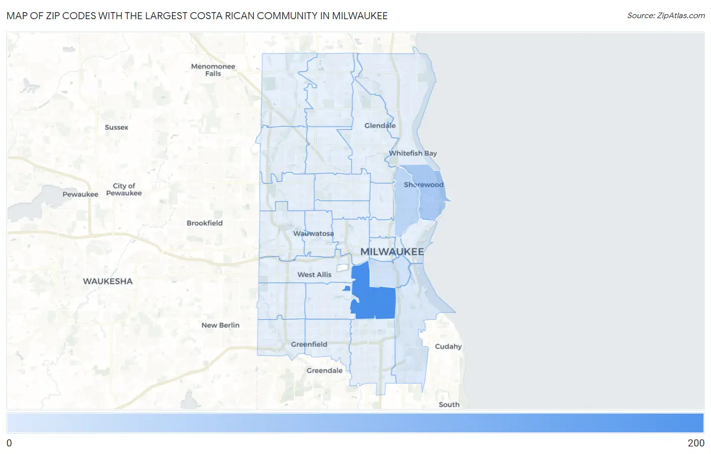 Zip Codes with the Largest Costa Rican Community in Milwaukee Map